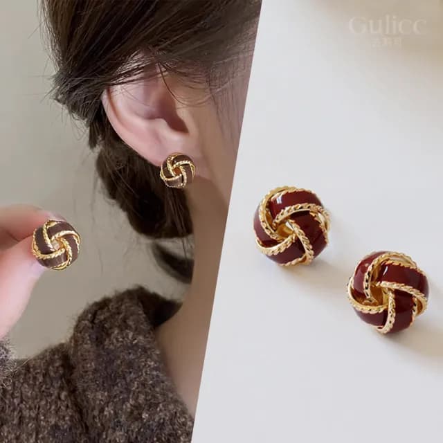 【Golicc】復古 氣質麻花 同心結耳環(七夕 情人節 生日 飾品 耳釘 耳飾 耳墜 禮物)