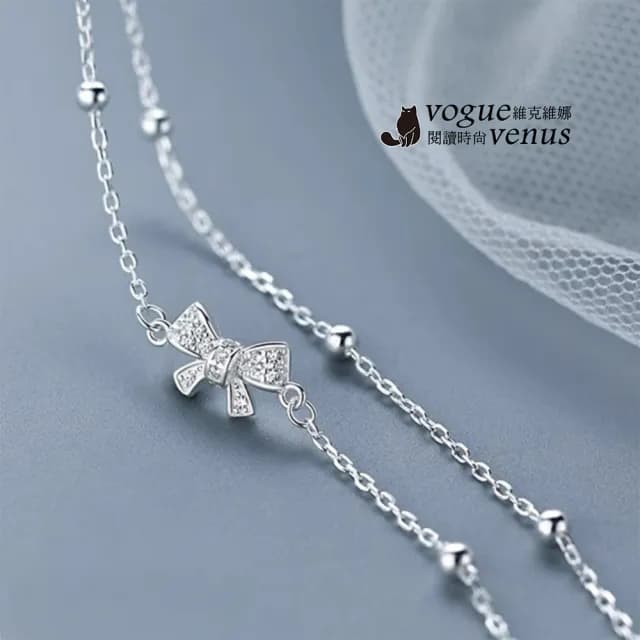 【維克維娜】水鑽蝴蝶結雙層手鍊925純銀手鍊