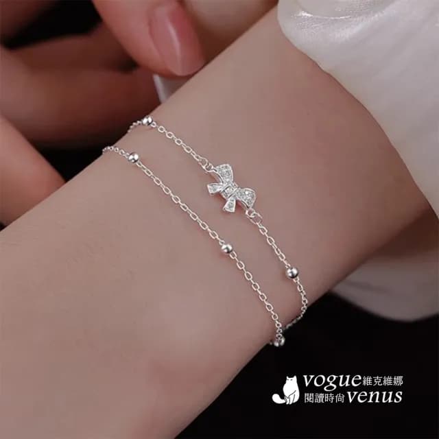 【維克維娜】水鑽蝴蝶結雙層手鍊925純銀手鍊