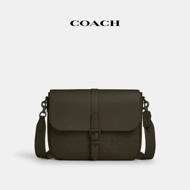 【COACH】蔻馳官方直營 WARNER經典Logo皮革郵差包 騎行手袋 騎行包 斜背包-1J/橄欖綠色 土褐色(CAJ81)