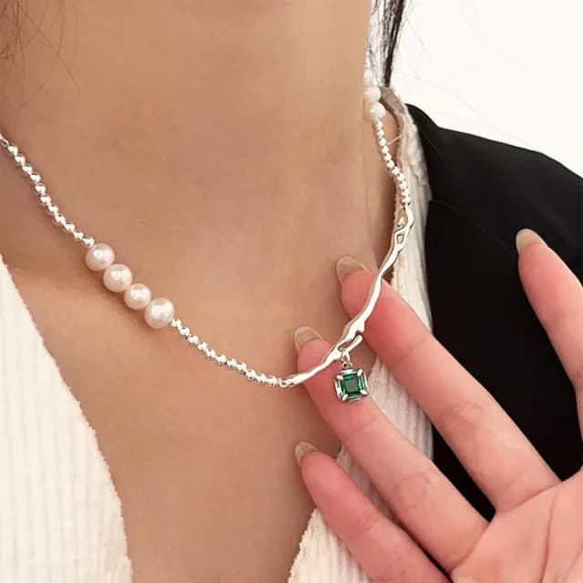 【KT DADA】天然珍珠 項鍊 圓珠項鍊 s925純銀 銀飾 女生項鍊 純銀項鍊 珍珠項鍊 綠鋯石吊墜 珍珠搭彎管