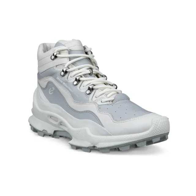 【ecco】BIOM C-TRAIL W 白山聯名款 蹤跡健步皮革高筒防水運動鞋 女鞋(白色/水泥灰 80342354322)