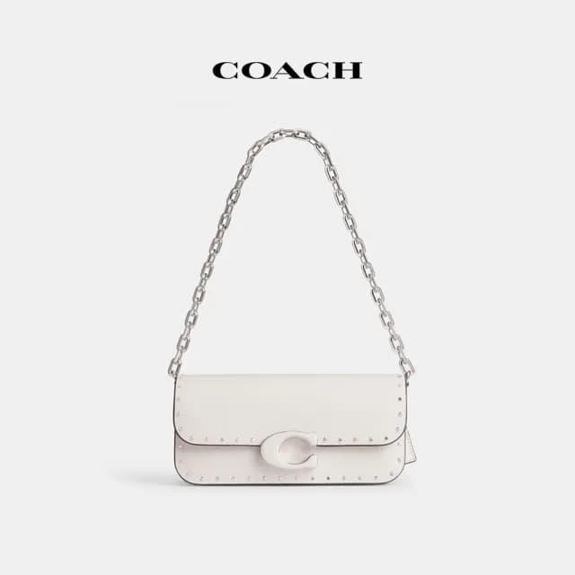 【COACH】蔻馳官方直營 IDOL 鉚釘23號手袋 單肩包 斜背包 側背包-亮古鎳色硬體/粉白(CU038)