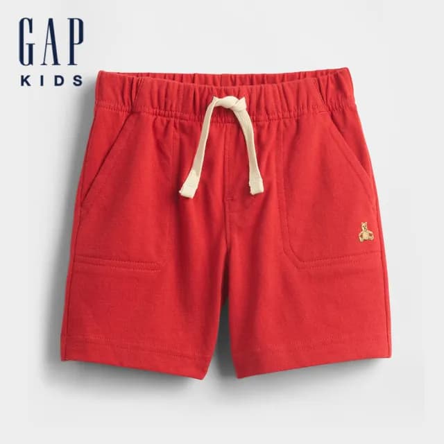 【GAP】男幼童裝 純棉小熊刺繡抽繩鬆緊短褲-紅色(782524)