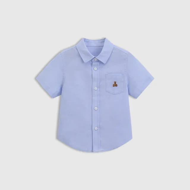 【GAP】男童裝 純棉小熊刺繡翻領短袖襯衫 布萊納系列-藍色(767170)