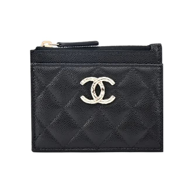 【CHANEL 香奈兒】雙C壓紋LOGO菱格紋小牛皮卡片/零錢包(黑色)