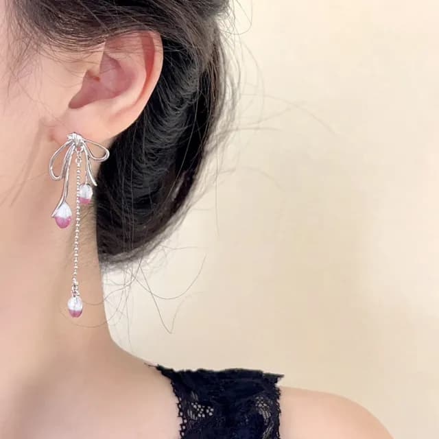 【INES】韓國設計S925銀針浪漫鬱金香花朵流蘇蝴蝶結造型耳環(S925銀針耳環 流蘇耳環 蝴蝶結耳環)