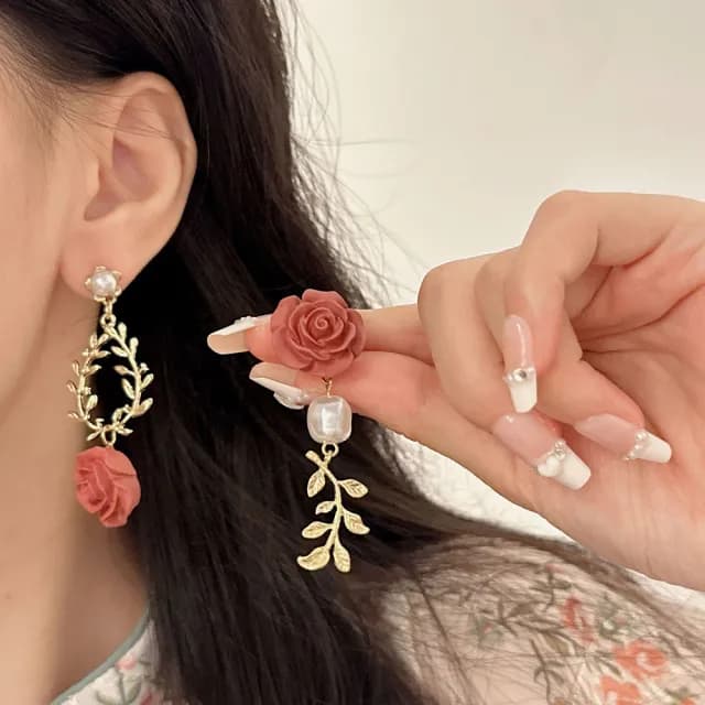 【INES】S925銀針耳環 珍珠耳環/韓國設計S925銀針不對稱浪漫氣質玫瑰珍珠耳環(2色任選)