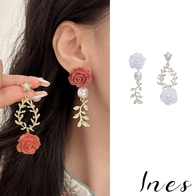 【INES】S925銀針耳環 珍珠耳環/韓國設計S925銀針不對稱浪漫氣質玫瑰珍珠耳環(2色任選)