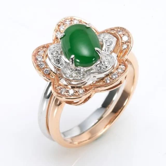 【DOLLY】14K金 緬甸冰種老坑綠翡翠鑽石戒指(母親節 長輩送禮 交換禮物首選)