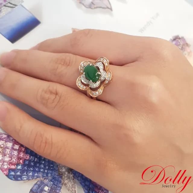 【DOLLY】14K金 緬甸冰種老坑綠翡翠鑽石戒指(母親節 長輩送禮 交換禮物首選)