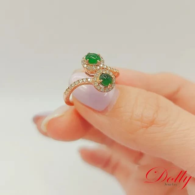 【DOLLY】18K金 緬甸冰種正綠翡翠玫瑰金鑽石戒指(母親節 長輩送禮 交換禮物首選)