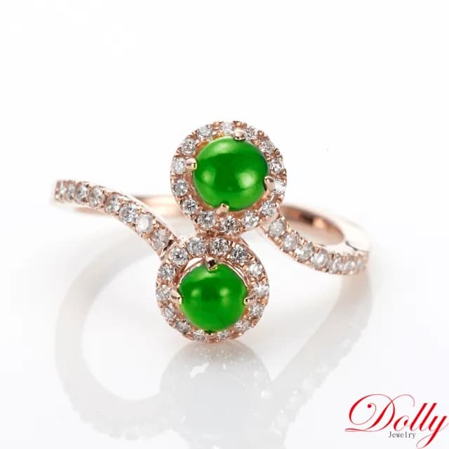 【DOLLY】18K金 緬甸冰種正綠翡翠玫瑰金鑽石戒指(母親節 長輩送禮 交換禮物首選)