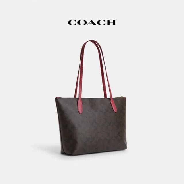 【COACH】蔻馳官方直營 經典Logo和馬車圖案托特手袋-IM棕色胭脂色(CN626)