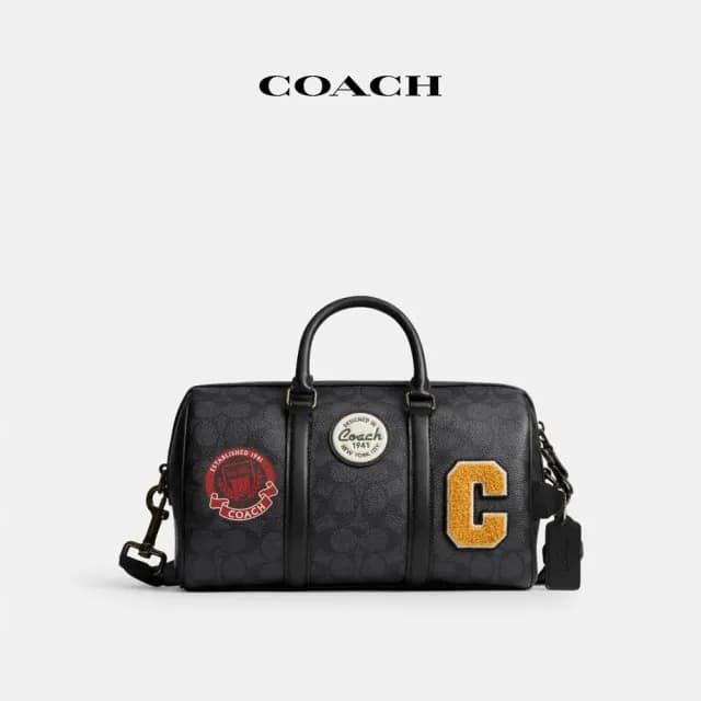 【COACH】蔻馳官方直營 VENTURER 27 經典 SIGNATURE 帆布與徽章旅行袋 旅行包 行李袋 斜背包-炭黑色(CY821)