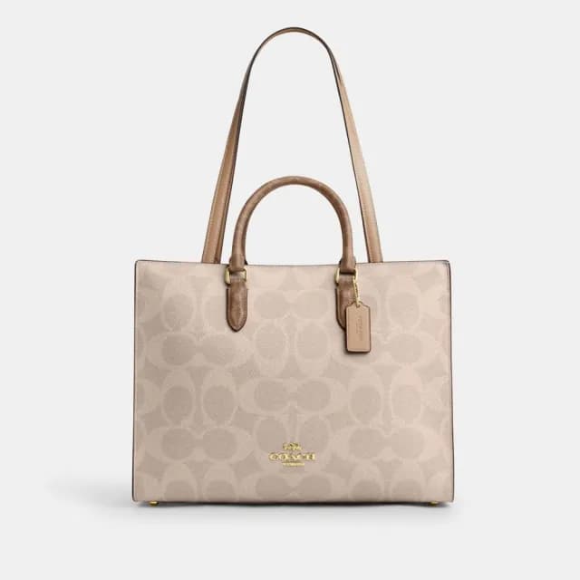 【COACH】蔻馳官方直營 MAGGIE撞色經典Logo托特手袋-IM/沙黃色/棕黃色(CY677)