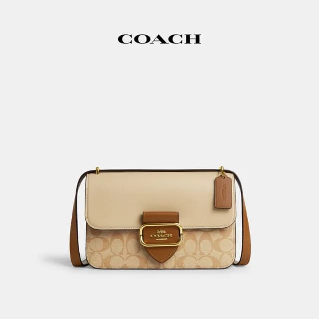 【COACH】蔻馳官方直營 MORGAN撞色經典Logo大號方形斜背手袋-IM/淺卡其色/卡其色混合色(CR331)