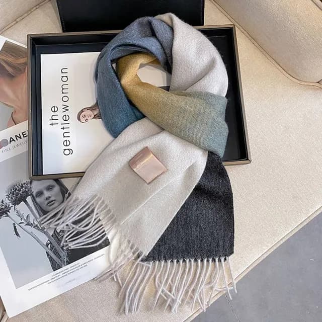 【VEDINA】100%澳洲羊毛 黑灰藍漸層拼色純羊毛加長版流蘇圍巾 30*210 cm(男女保暖質感披肩圍脖)