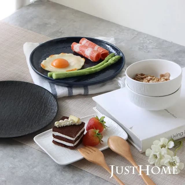 【Just Home】北歐織紋陶瓷碗盤餐具5件組-兩色可選(可微波 碗 飯碗 碗盤 餐盤 湯盤 送禮)