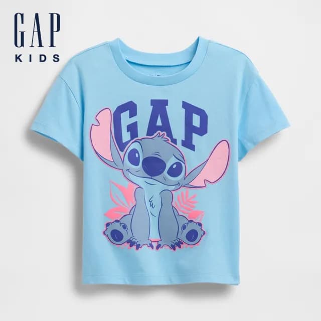 【GAP】女幼童裝 Gap x Disney迪士尼聯名 Logo純棉史迪奇印花圓領短袖T恤-淺藍色(768908)