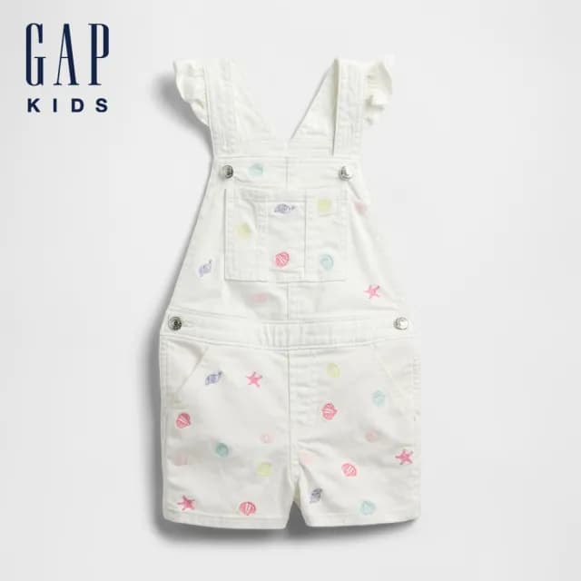 【GAP】女幼童裝 刺繡牛仔吊帶短褲-白色(768989)