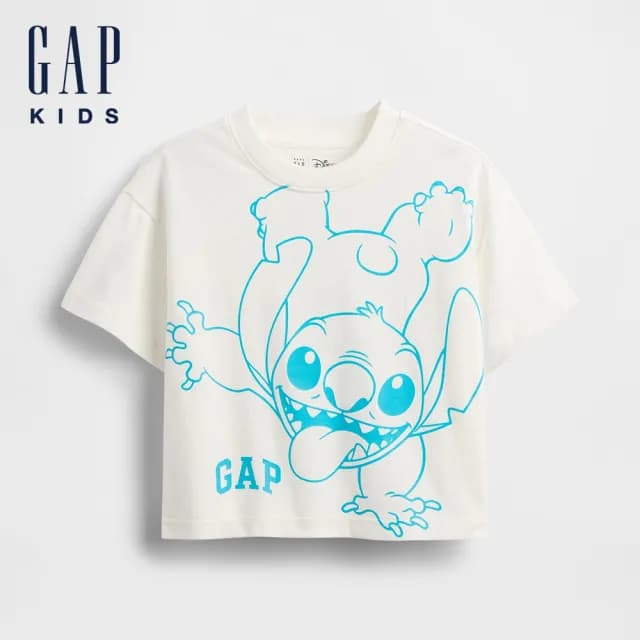 【GAP】男幼童裝 Gap x Disney迪士尼聯名 Logo純棉史迪奇印花圓領短袖T恤-白色(779237)