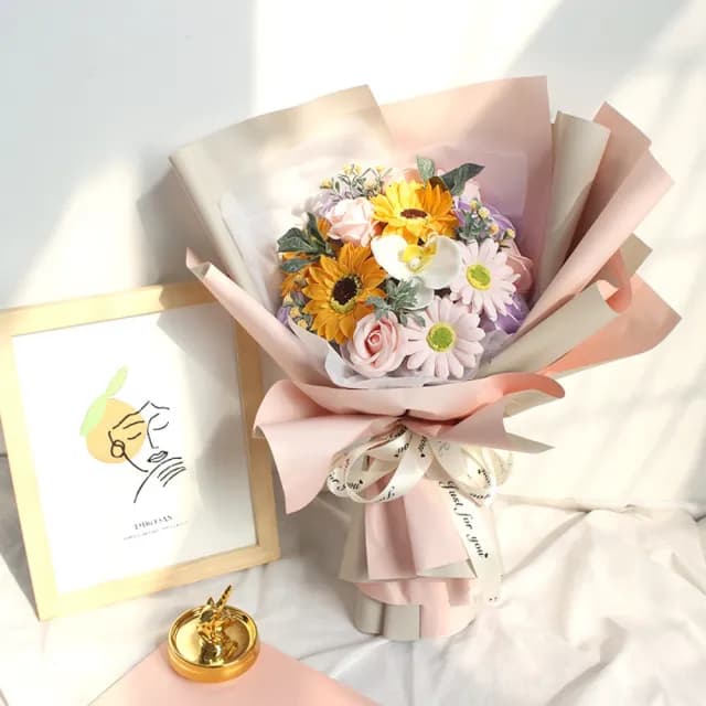 【大花束】向日葵玫瑰香皂花 玫瑰花束 向日葵 太陽花(情人節 生日禮物 送女孩 畢業花束 交換禮物 教師節)