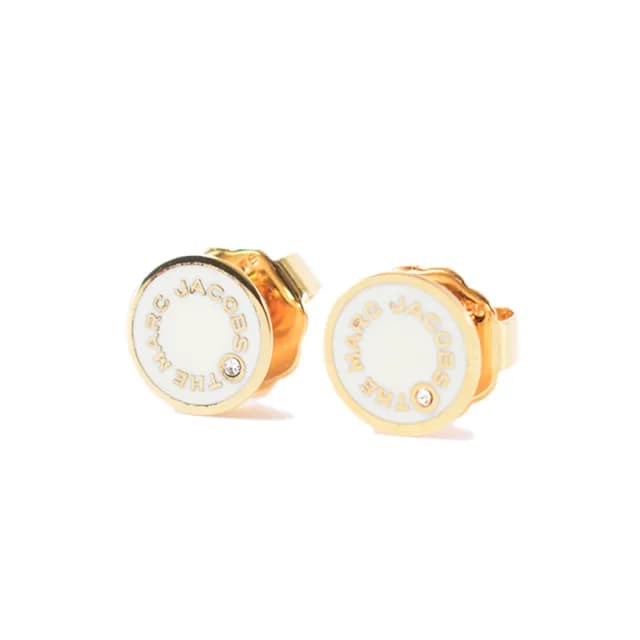 【MARC JACOBS】圓牌LOGO晶鑽針式耳環-白色