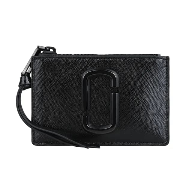 【MARC JACOBS】MARC JACOBS SNAPSHOT DTM經典雙J黑字LOGO防刮牛皮設計2卡拉鍊卡片零錢包(黑)