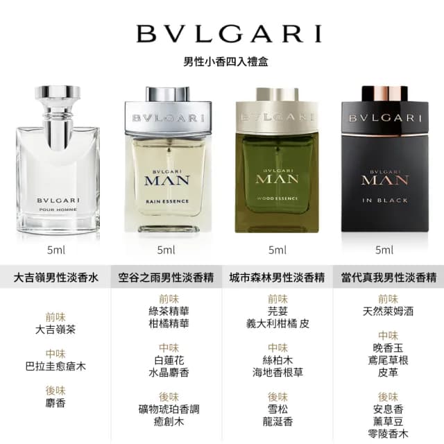 【BVLGARI 寶格麗】男性小香禮盒5mlX4入-大吉嶺/城市森林/空谷之雨/當代真我(平行輸入)