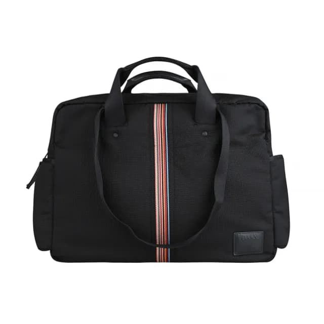 【Paul Smith】PAUL SMITH品牌皮標LOGO設計尼龍搭多彩條紋拉鍊手提肩背旅行袋(黑)