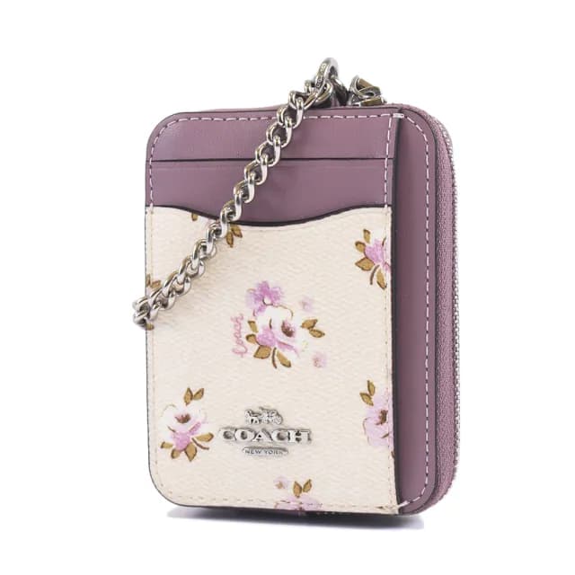 【COACH】銀字花卉防刮鍊帶證件零錢包-莫蘭迪紫