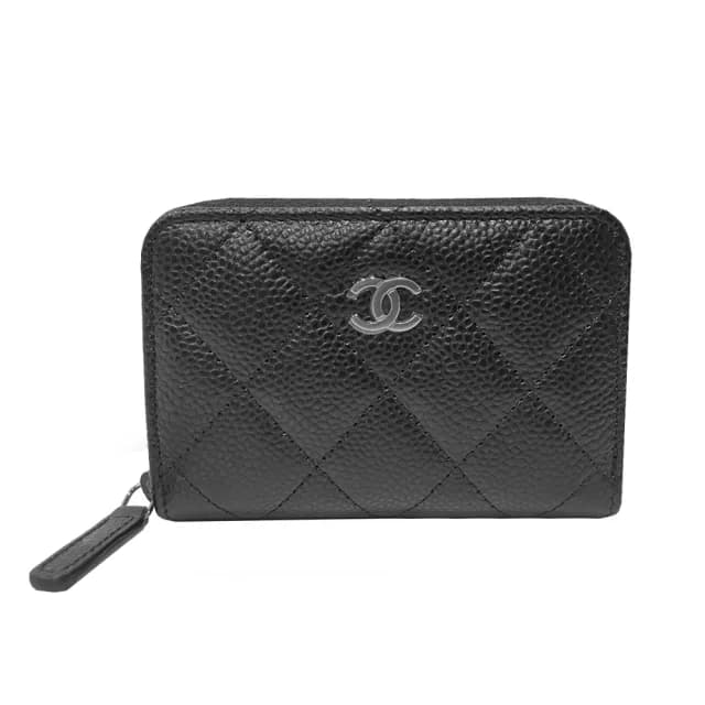 【CHANEL 香奈兒】AP0216 經典雙C銀LOGO菱格紋牛皮拉鍊零錢包(黑色)