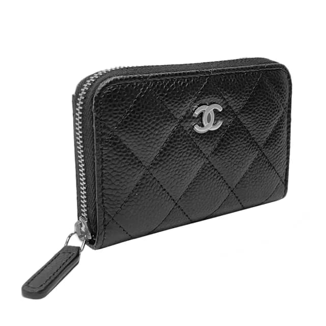 【CHANEL 香奈兒】AP0216 經典雙C銀LOGO菱格紋牛皮拉鍊零錢包(黑色)