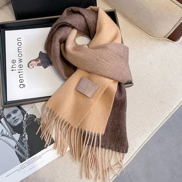 【VEDINA】100%澳洲羊毛 黃棕漸層拼色純羊毛加長版流蘇圍巾 30*210 cm(男女保暖質感披肩圍脖)