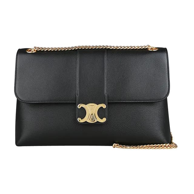 【CELINE】CELINE VICTOIRE 凱旋門釦頭設計小牛皮推扣肩背斜背鏈帶包(大/黑)