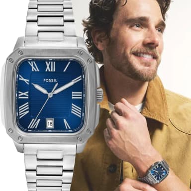 【FOSSIL】Crosby 工業風羅馬方形手錶-藍x銀/42mm 男錶 禮物 送禮 推薦(FS6121)