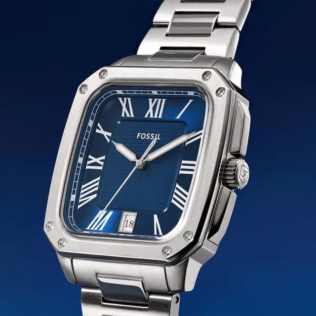 【FOSSIL】Crosby 工業風羅馬方形手錶-藍x銀/42mm 男錶 禮物 送禮 推薦(FS6121)