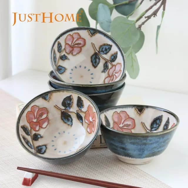 【Just Home】日本製玫瑰窯變陶瓷飯碗餐具5件組(可微波 碗 碗盤 醬料碟 飯碗 餐具組 碗組)