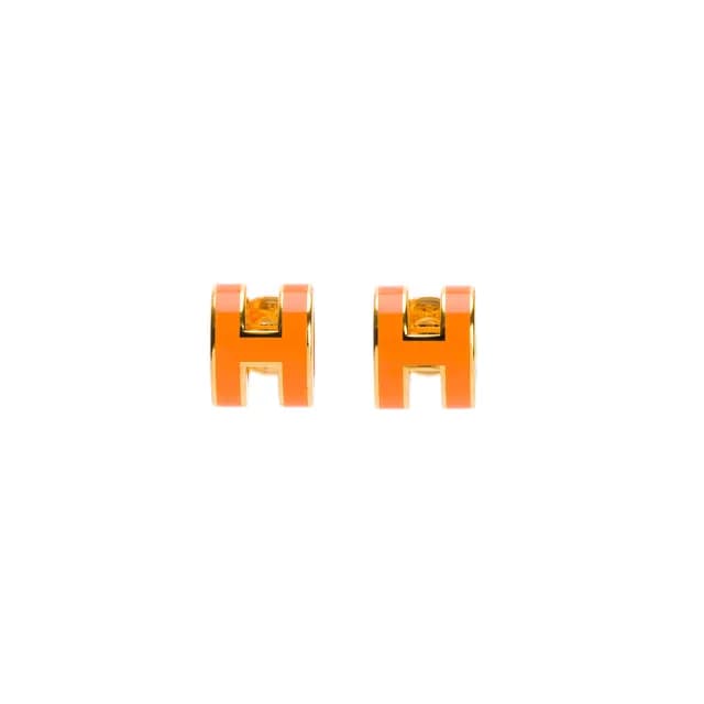 【Hermes 愛馬仕】經典POP H Mini立體簍空橢圓LOGO耳環(橘/金)