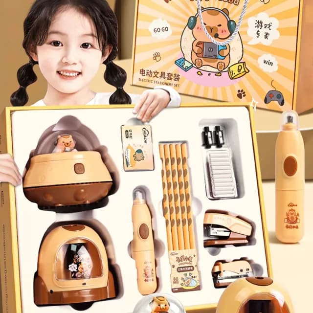 【Loga】卡比巴拉學習文具套裝 削筆刀套裝 28件套 開學禮物 兒童文具 削筆機 鉛筆 桌面吸塵器 禮物