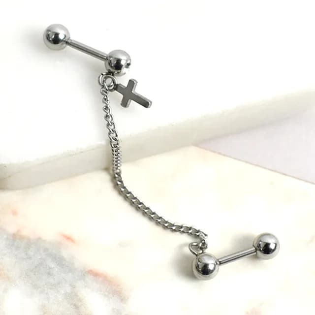 【men life】男生耳環 鍊條十字架鋼製水鑽雙耳針(耳環)