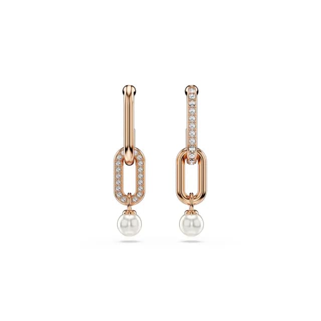 【SWAROVSKI 施華洛世奇】Constella 水滴形耳環 水晶珍珠 圓形切割 白色 鍍玫瑰金色