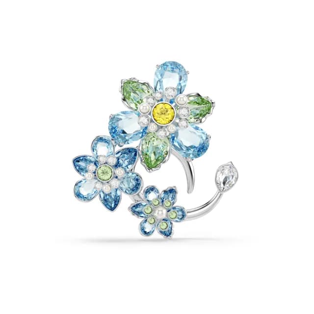 【SWAROVSKI 施華洛世奇】Idyllia 胸針 混合式切割 花朵 藍色 鍍白金色(情人節禮物)