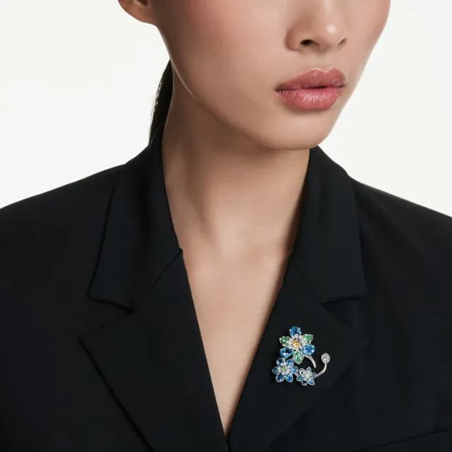 【SWAROVSKI 施華洛世奇】Idyllia 胸針 混合式切割 花朵 藍色 鍍白金色(情人節禮物)