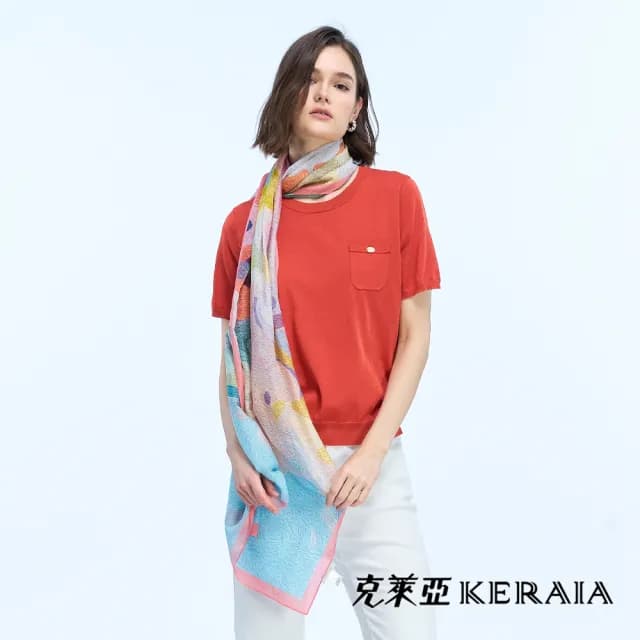 【KERAIA 克萊亞】沁涼柔感粉紅彩繪絲棉長絲巾