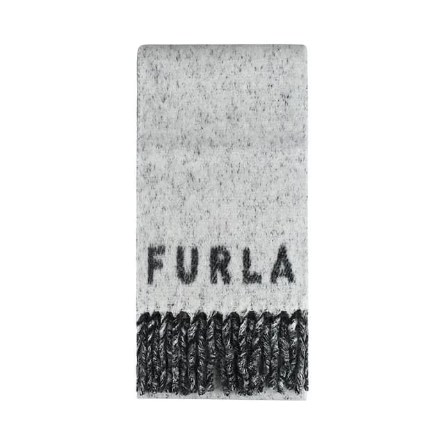 【FURLA 芙拉】FURLA Piuma Sciarpa撞色LOGO流蘇設計羊毛混紡圍巾(白x黑)