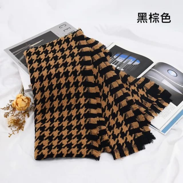 【VEDINA】100%純羔羊毛大披肩圍巾 千鳥格純羊毛 40*200 cm(白駝/黑棕/黑白色/短鬚設計保暖男女披巾圍脖)