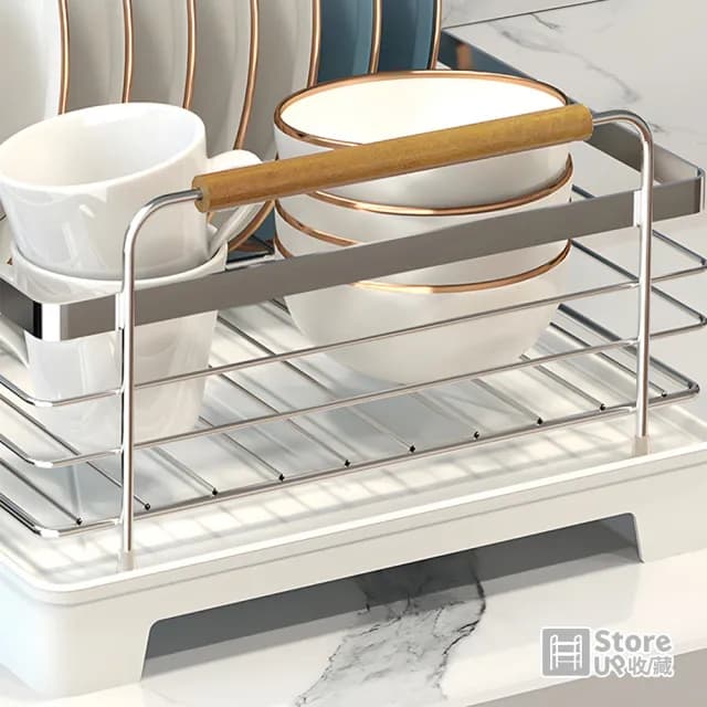 【Store up 收藏】頂級304不鏽鋼 可排水 木柄杯碟碗盤瀝水架-含餐具筒(AD509)