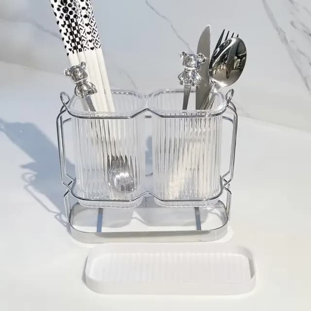【質感升級】北歐輕奢雙筒分格瀝水餐具架(筷子瀝水筒 廚具刀具收納架 筷架 刀架 廚房置物)